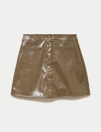 Jupe trap&egrave;ze courte en similicuir vert kaki femme