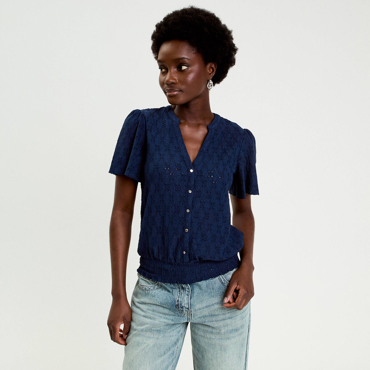 T-shirt manches courtes bleu fonc&eacute; femme