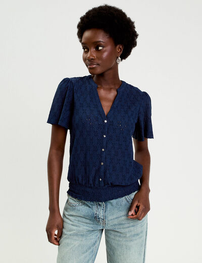 T-shirt manches courtes bleu fonc&eacute; femme