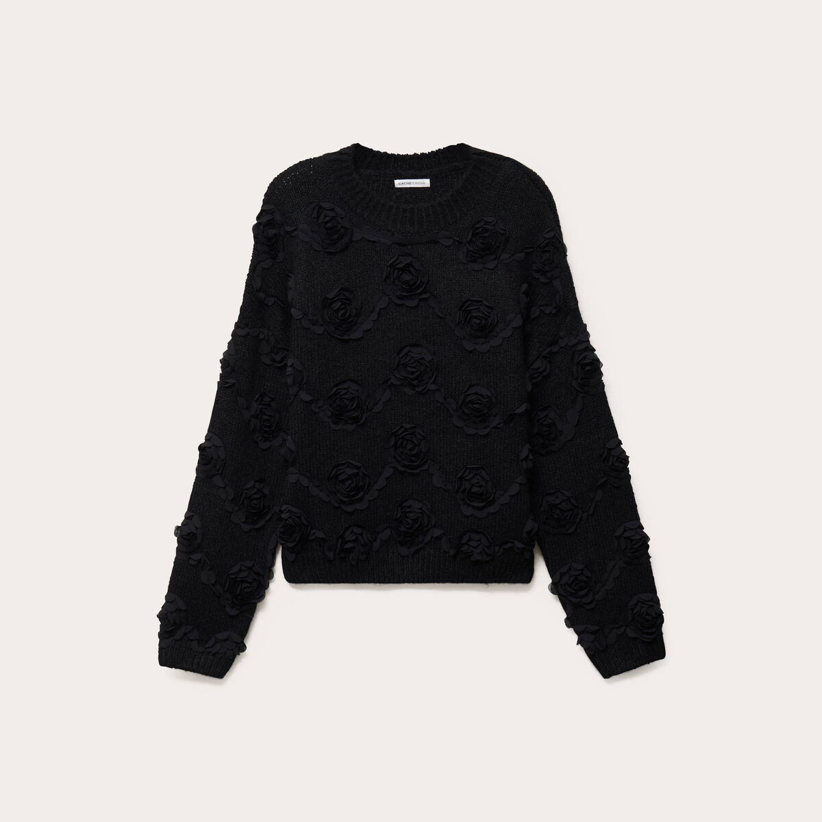 Pull fleurs en relief noir femme