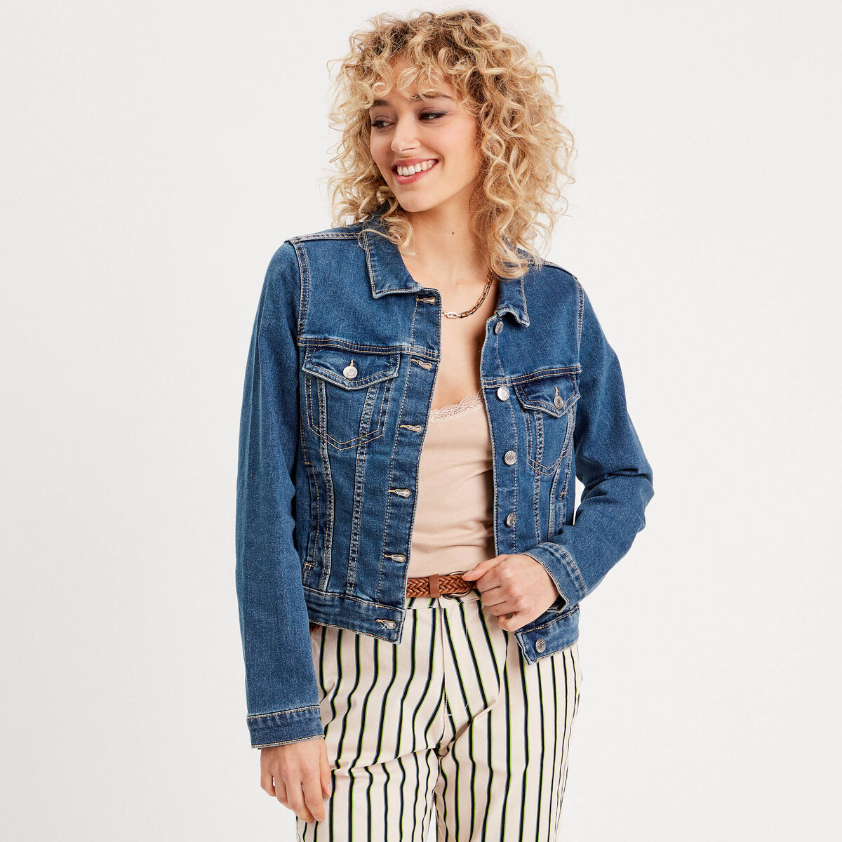 Veste droite en jean denim stone femme