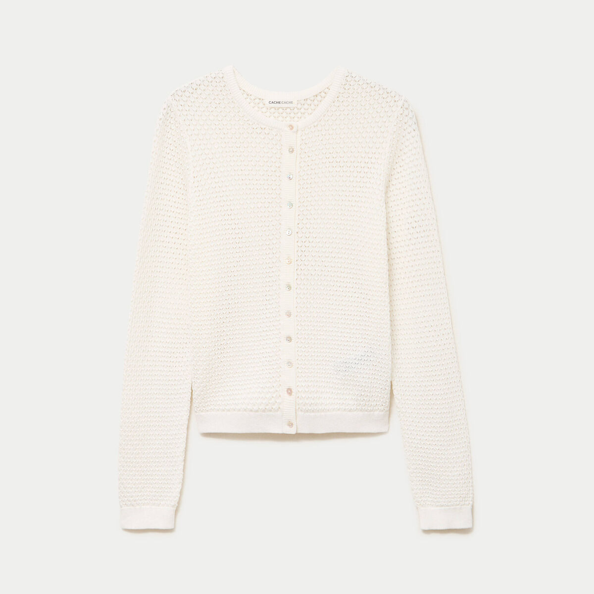 Gilet ajour&eacute; manches longues col rond ecru femme