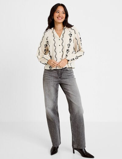 Blouse droite col am&eacute;ricain broderie blanc femme