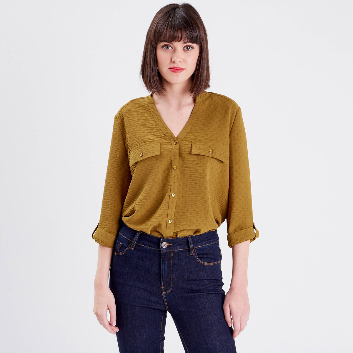 Chemise manches 3/4 vert olive femme