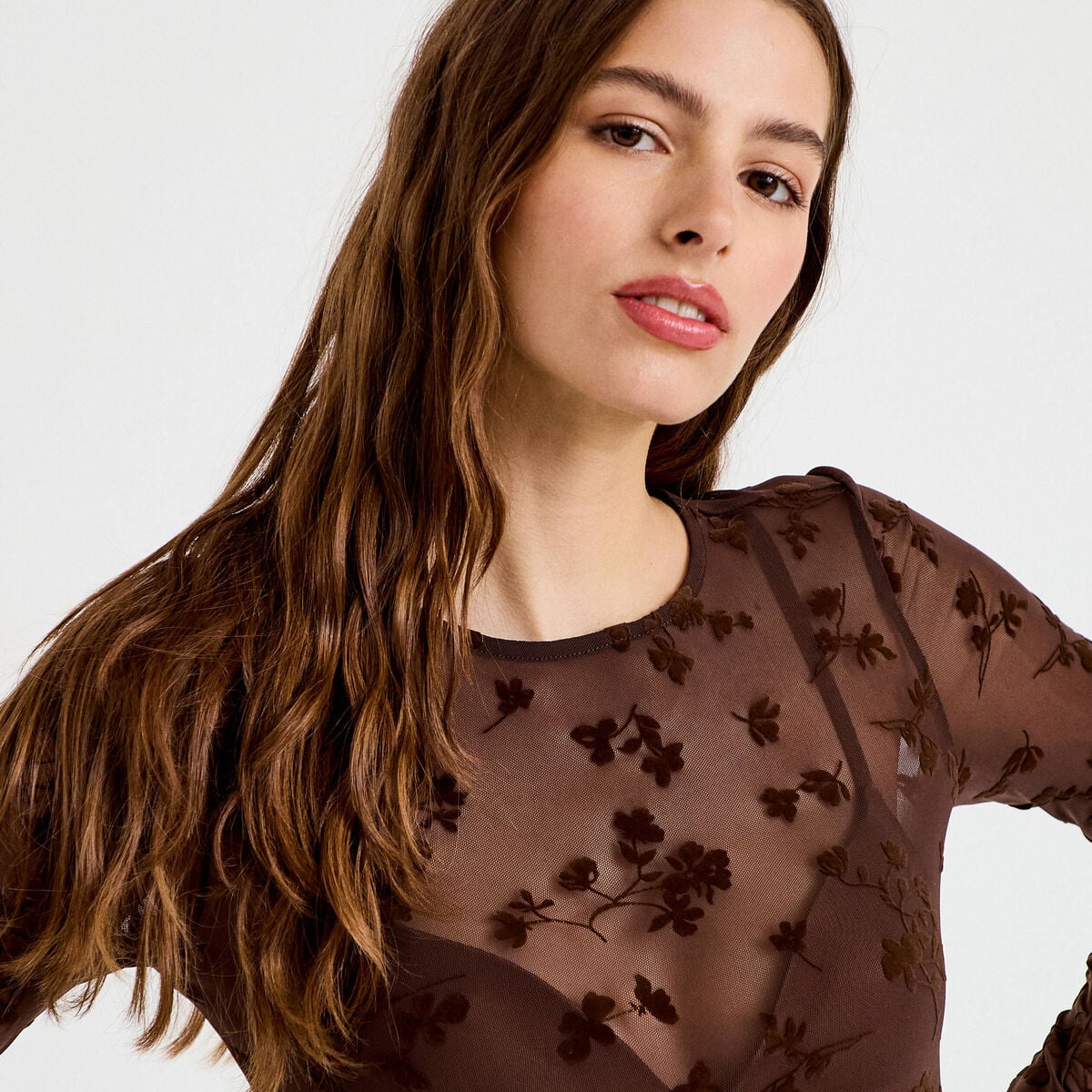 T-shirt ajust&eacute; manches longues marron cognac femme