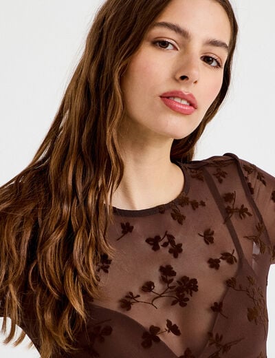 T-shirt ajust&eacute; manches longues marron cognac femme