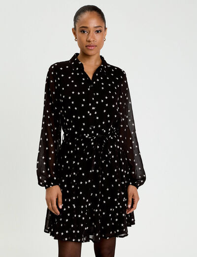 Robe brod&eacute;e &eacute;vas&eacute;e manches longues noir femme