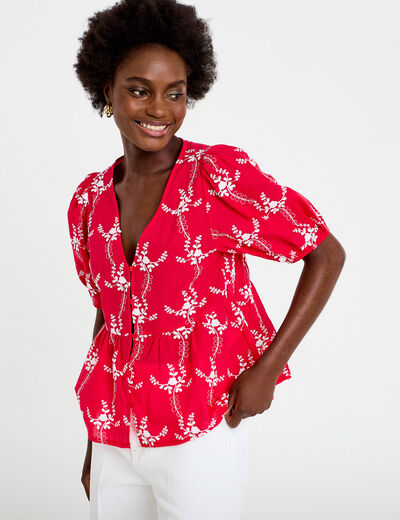 Blouse col v manches courtes brod&eacute;e rouge femme