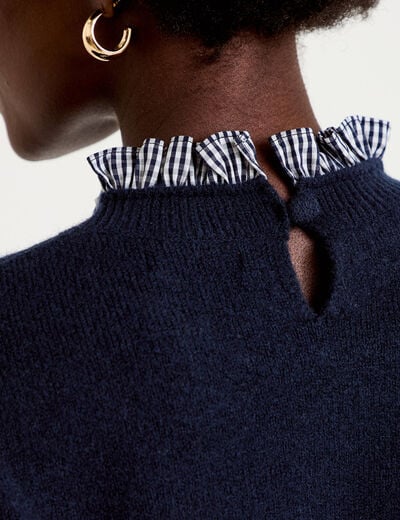 Pull col rond vichy manches longues bleu marine femme