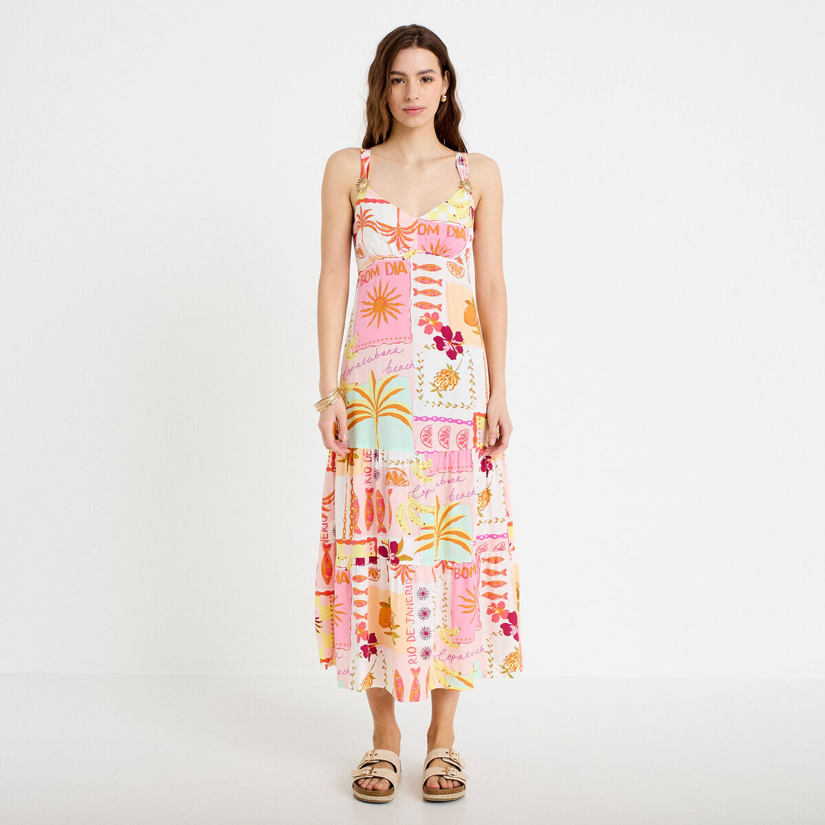 Robe longue &eacute;vas&eacute;e col coeur bretelles blanc femme