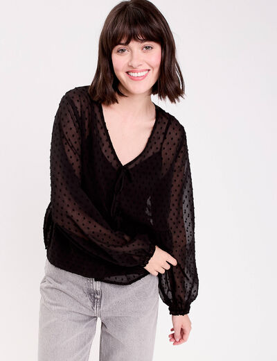 Blouse courte droite col v noir femme