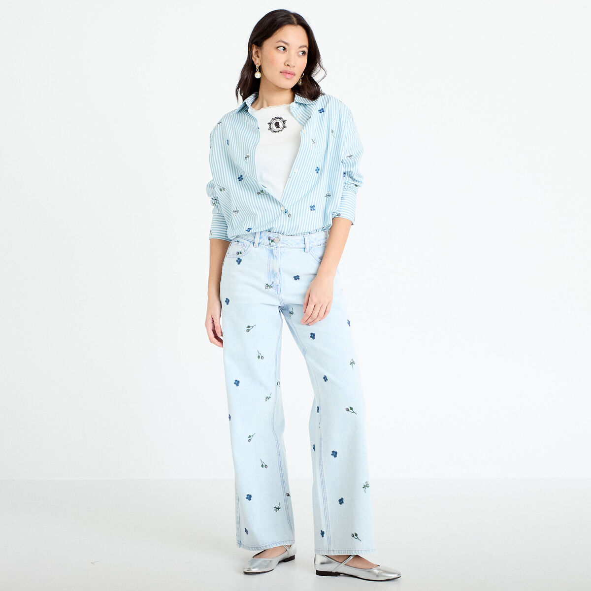 Chemise oversize brod&eacute;e Bridgerton bleu clair femme