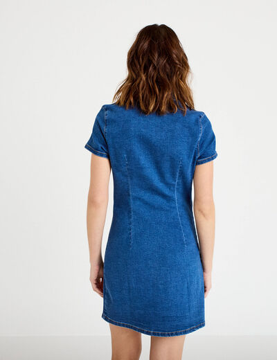 Robe trap&egrave;ze courte en jean col chemise denim double stone femme