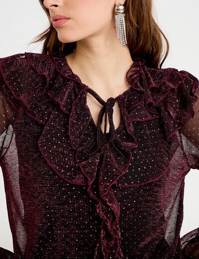 Blouse voile transparent paillet&eacute; violet fonc&eacute; femme