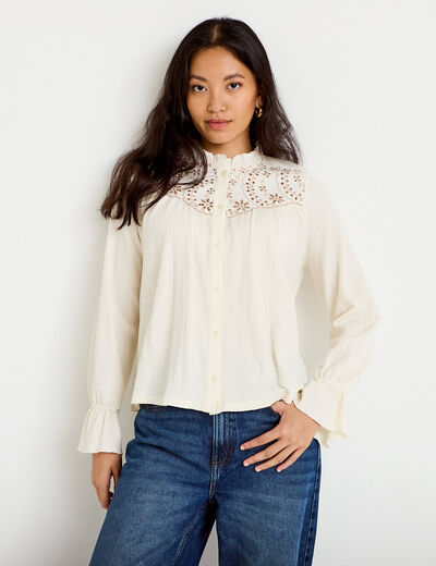 Blouse droite manches longues pliss&eacute;e ivoire femme