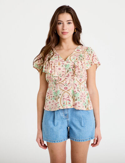 Blouse col v manches courtes blanc femme