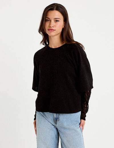 Top bi-mati&egrave;re dentelle col rond noir femme