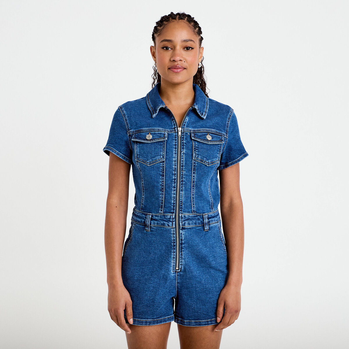 Combishort en jean denim double stone femme