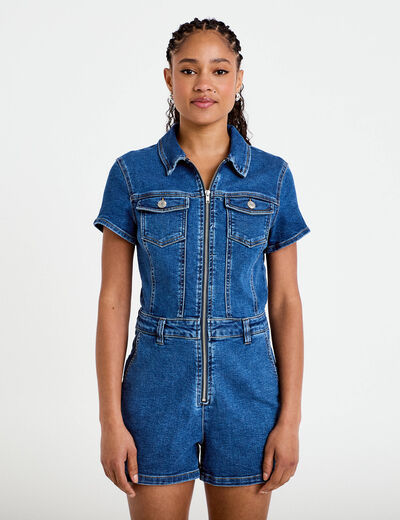 Combishort en jean denim double stone femme