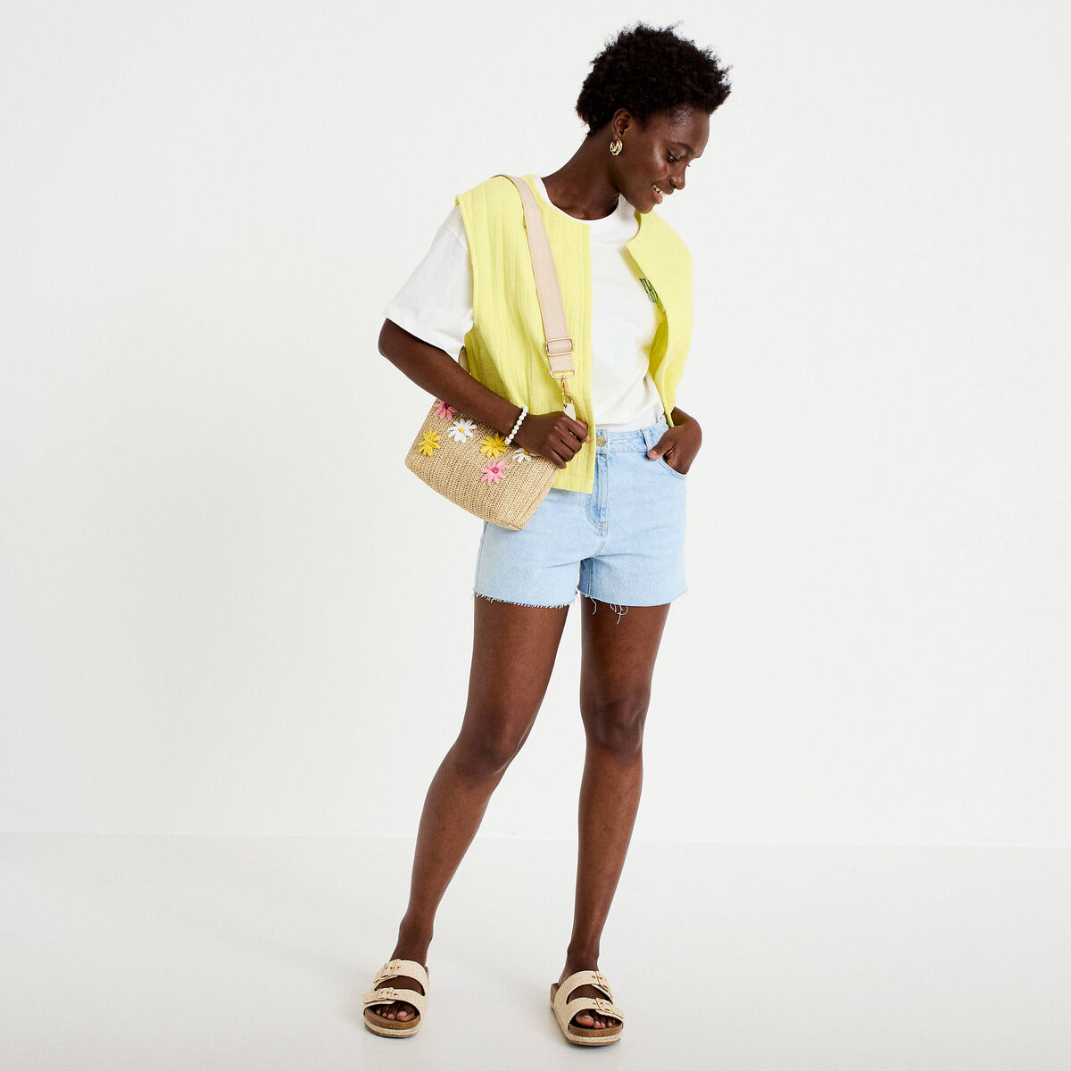 Gilet barman ample cropped pliss&eacute; jaune citron femme
