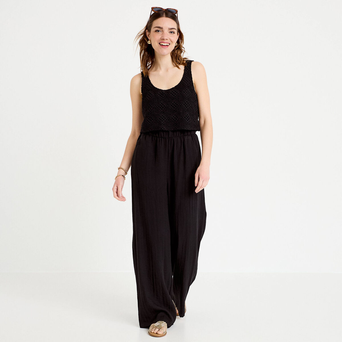 Combinaison bi-mati&egrave;re coupe large noir femme