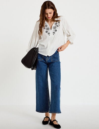 Blouse ample broderie manches 3/4 blanc femme