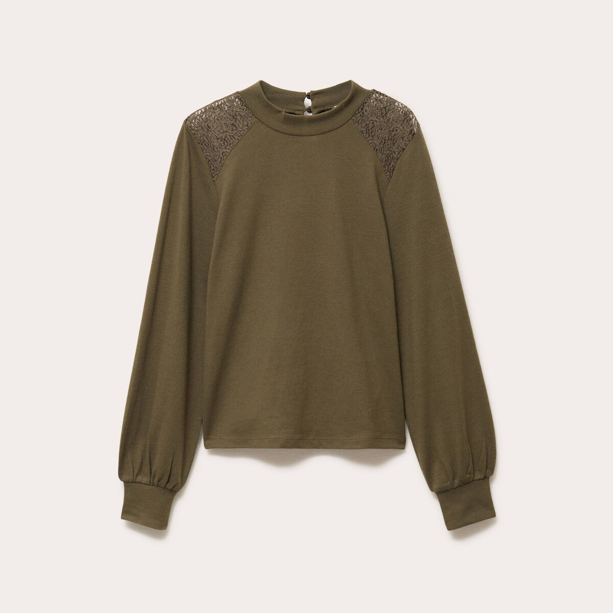 T-shirt manches longues d&eacute;tails ajour&eacute;s vert kaki femme