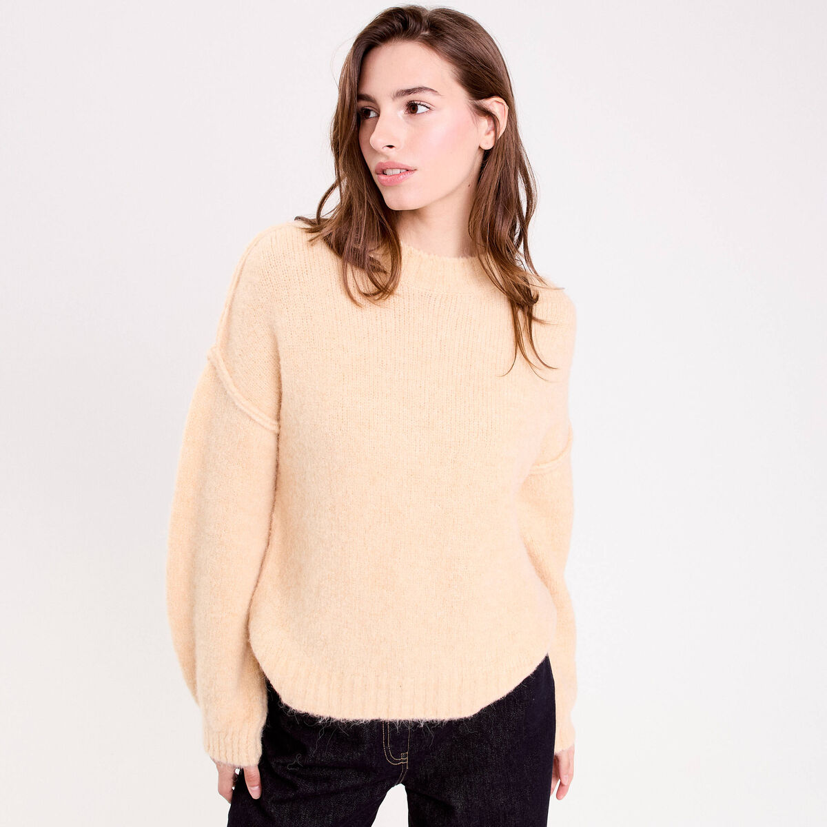 Pull oversize col rond manches longues jaune paille femme