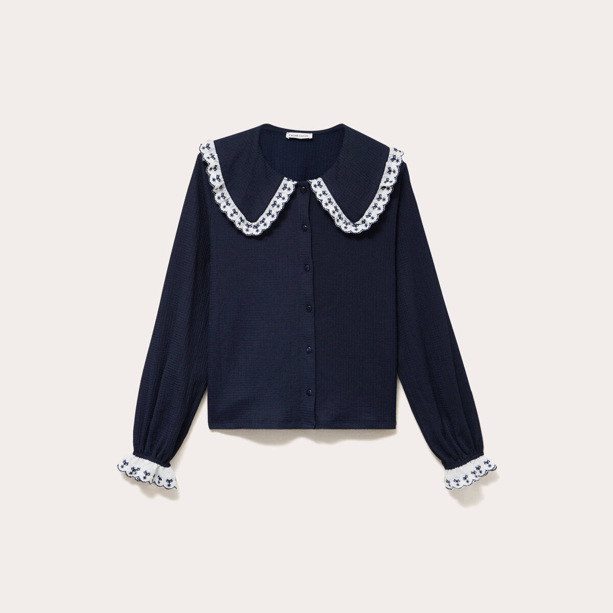 Blouse broderie manches longues bleu marine femme