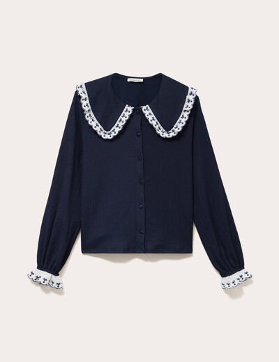 Blouse broderie manches longues bleu marine femme