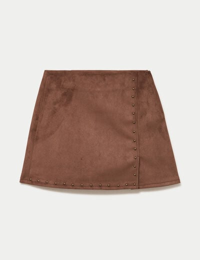 Jupe-short trap&egrave;ze taille haute daim marron femme