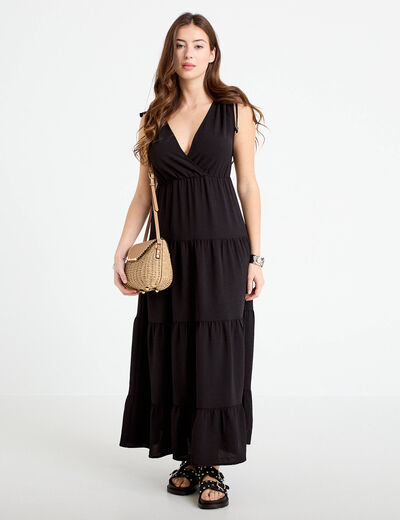 Robe longue &eacute;vas&eacute;e col V noir femme