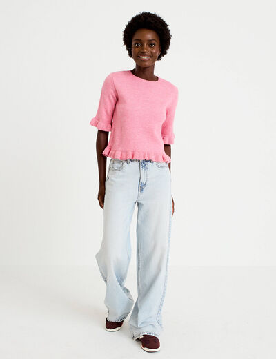 Pull col rond manches courtes rose clair femme