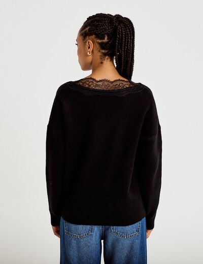 Pull col v manches longues dentelle noir femme