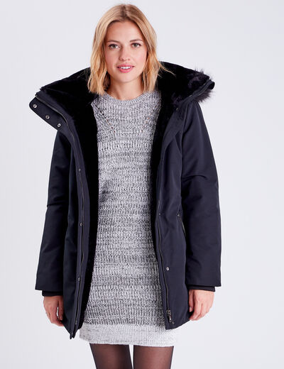 Parka &agrave; capuche fausse fourrure noir femme