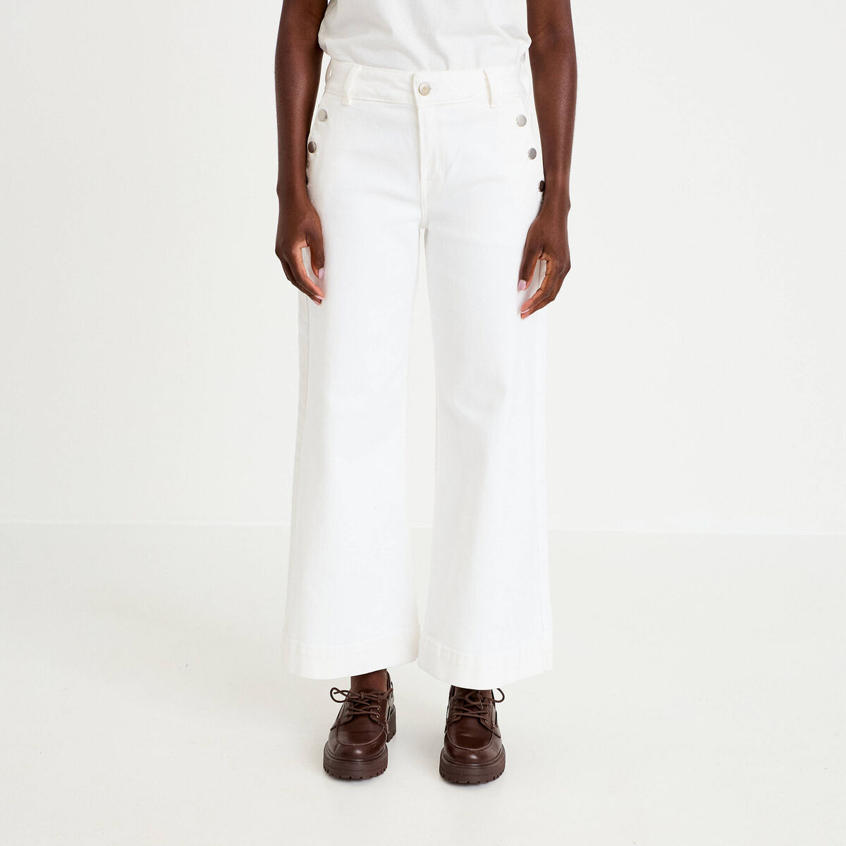 Jean wide leg cropped taille haute denim blanc femme