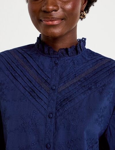 Blouse ample col montant manches longues bleu marine femme