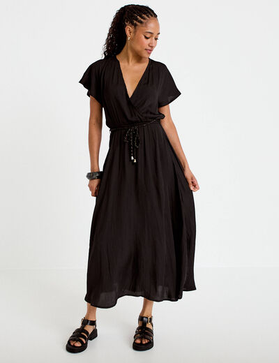 Robe longue &eacute;vas&eacute;e col v satin&eacute;e noir femme