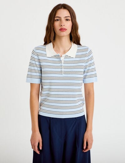 Polo manches courtes col chemise bleu femme
