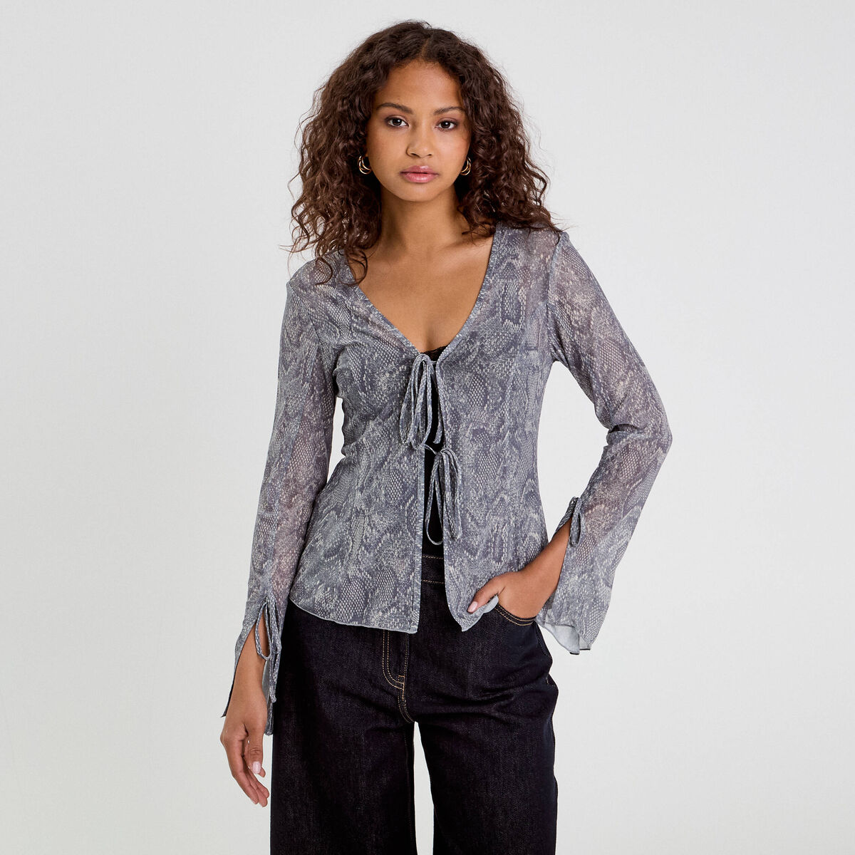 T-shirt manches longues noeuds bleu gris femme