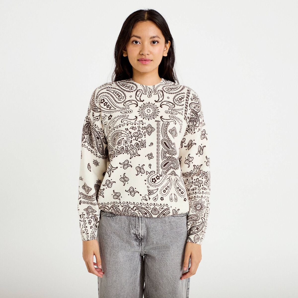Pull col rond manches longues ecru femme