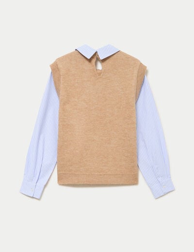 Pull fin 2-en-1 manches longues beige femme