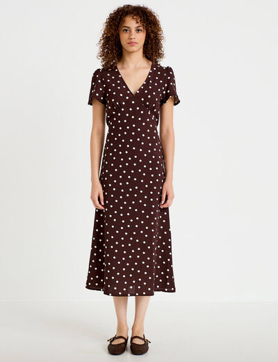 Robe longue &eacute;vas&eacute;e col v manches courtes marron femme