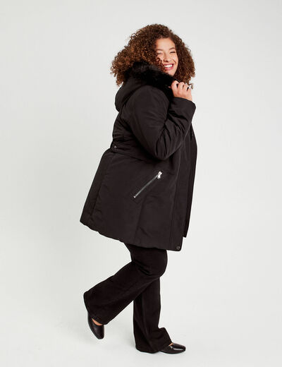 Parka &agrave; capuche fausse fourrure noir femme
