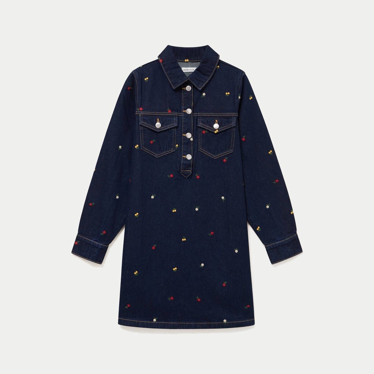 Robe courte &eacute;vas&eacute;e en jean brod&eacute;e bleu marine femme