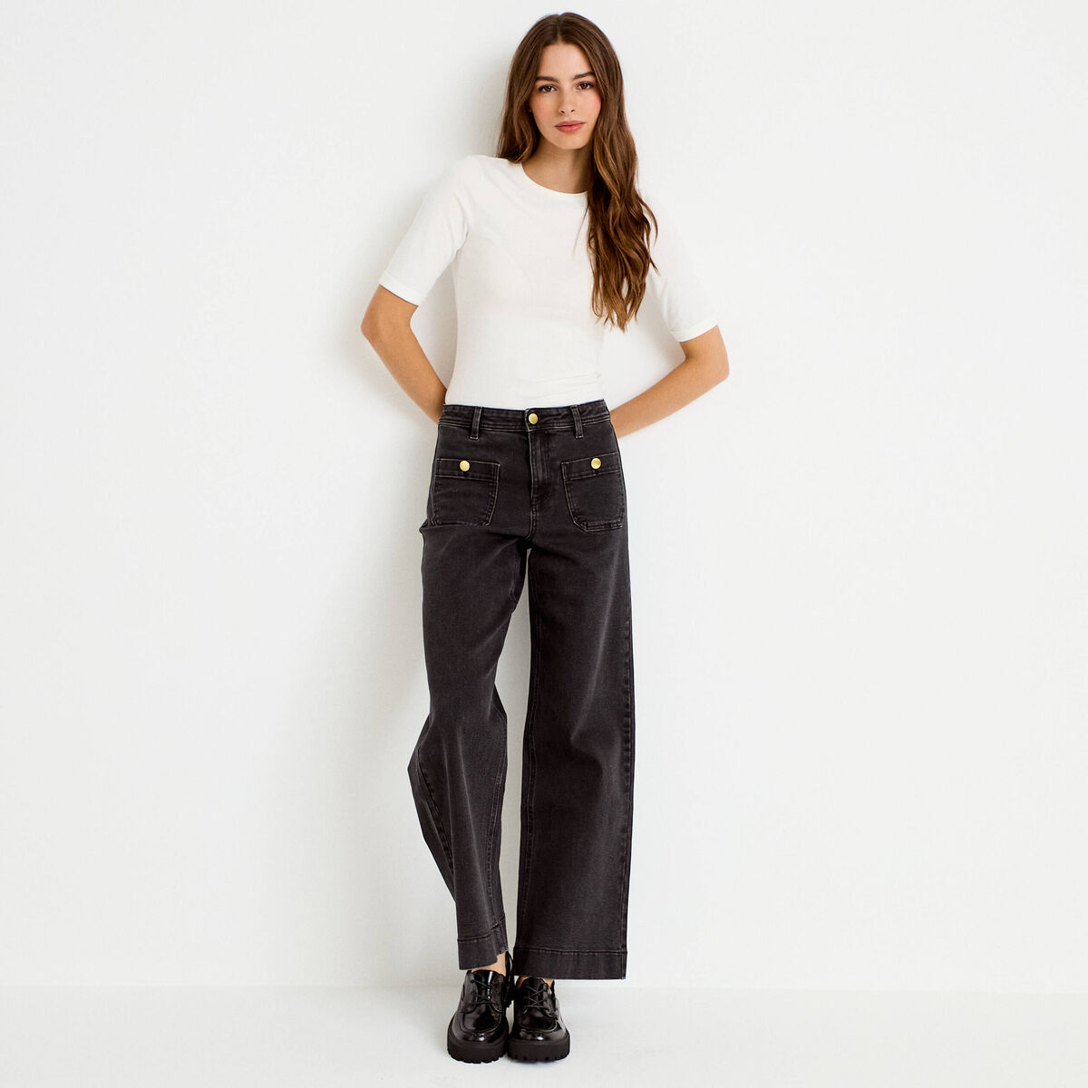 Jean wide leg cropped taille haute denim noir femme