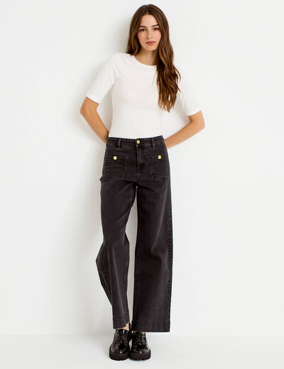 Jean wide leg cropped taille haute denim noir femme