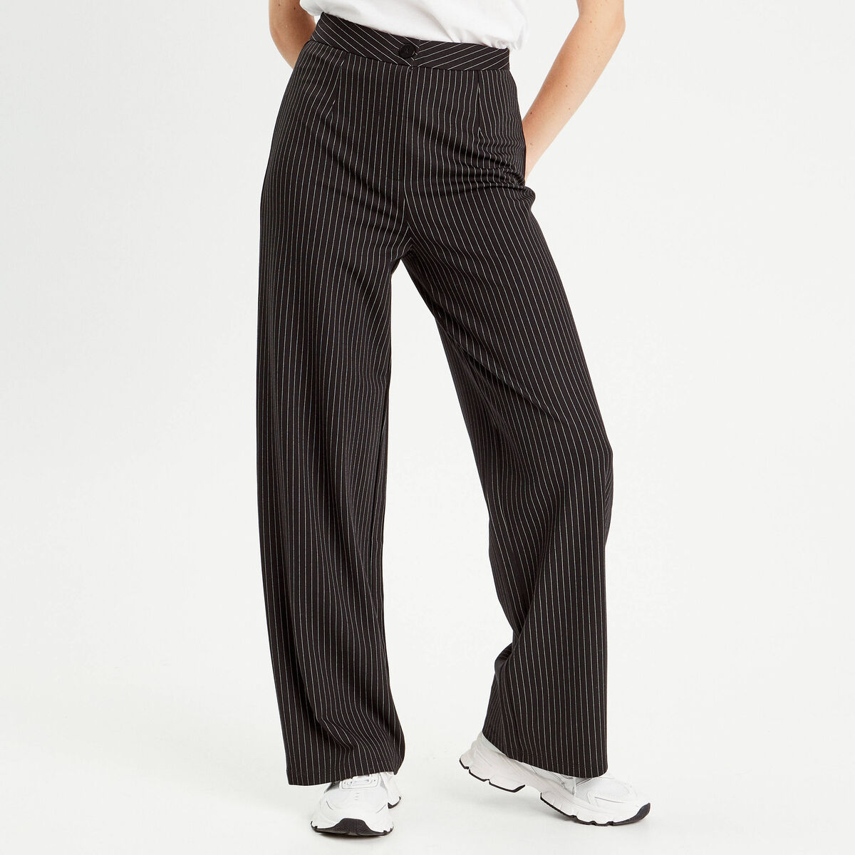 Pantalon large taille haute noir femme