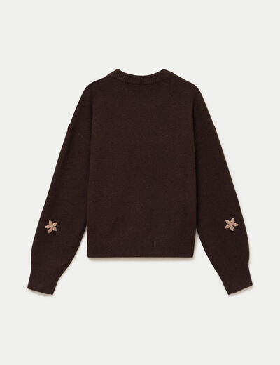 Pull oversize brod&eacute; manches longues marron fonc&eacute; femme