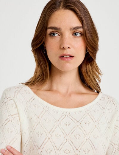 Pull ajour&eacute; col bateau manches longues ecru femme